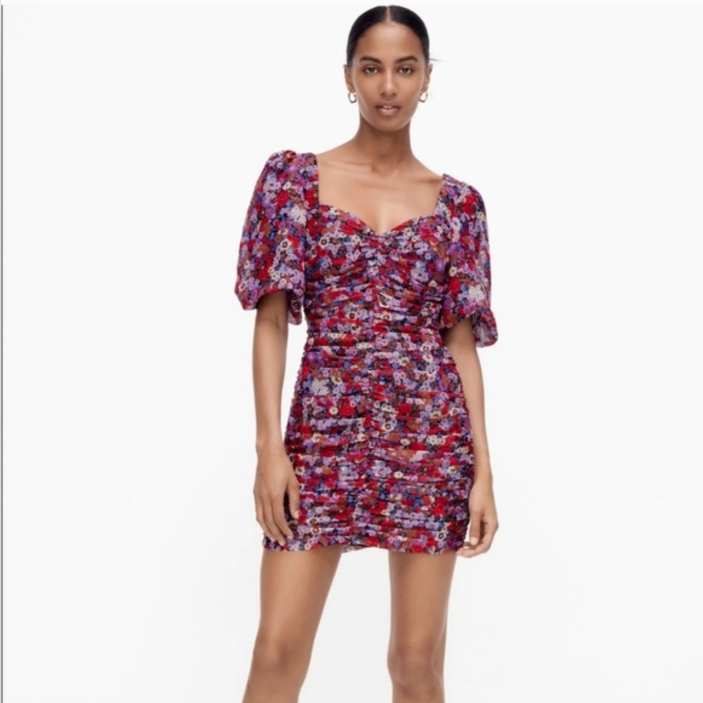 Zara Floral Ruched Puff Sleeve Date Night Ladies Night Party Mini Zip Dress